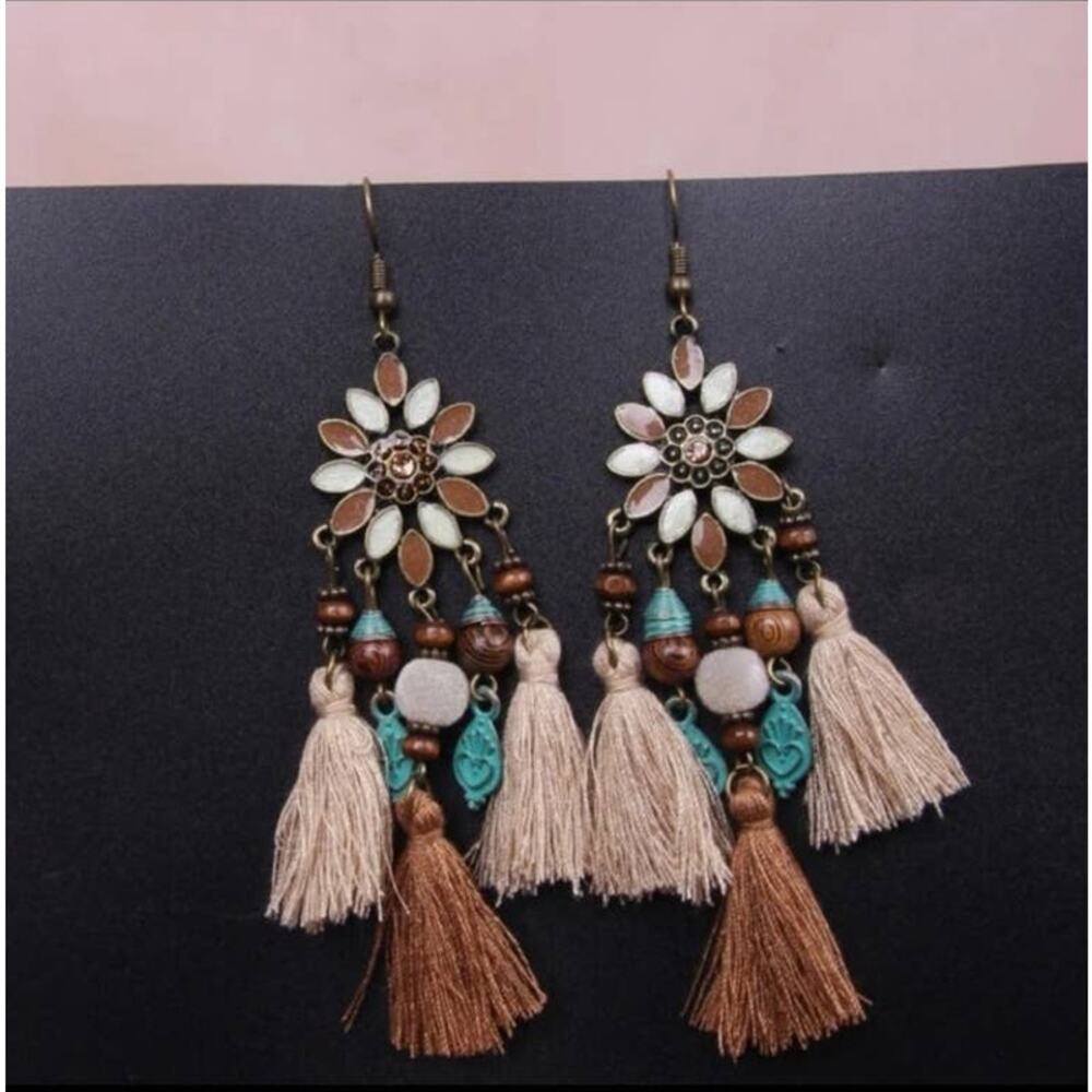 Boho tassel and bead flower statement earrings multicolor